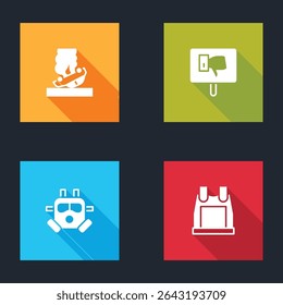 Set Burning car, Protest, Gas mask and Bulletproof vest icon. Vector