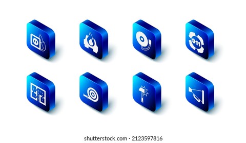Set Burning car, Ringing alarm bell, Emergency call 911, Megaphone, Firefighter axe, hose reel, Evacuation plan and Electric wiring of socket fire icon. Vector
