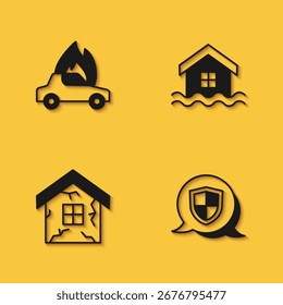 Conjunto de coche en llamas, escudo, casa y el icono de inundación con sombra larga. Vector