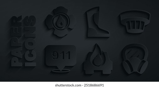 Set Burning car, Smoke alarm system, Emergency call 911, Gas mask, Fire boots and Firefighter icon. Vector