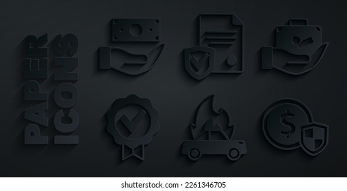 Set Burning car, Travel suitcase hand, Approved check mark, Money with shield, Contract and  icon. Vector