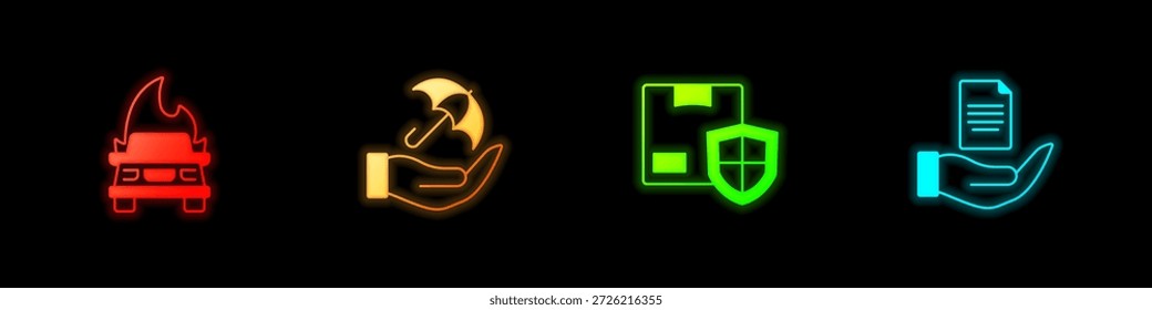 Set Burning car, Umbrella hand, Delivery security with shield and Contract icon. Vector