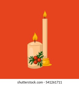 set of burning Christmas candles on a red background.