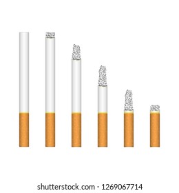 Set of burning cigarette. Realistic style. Smoldering cigarettes of different lengths isolated on white background. No smoking or anti tobacco concept. Vector illustration EPS 10.