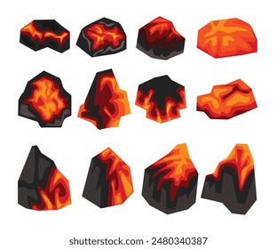 Conjunto de carbón ardiente con fuego conjunto de Ilustración vectorial de dibujos animados, piezas de carbón negro y masa caliente quemar en la chimenea con llama y humo, brasas brillantes y piedras de color naranja flameante del horno de parrilla