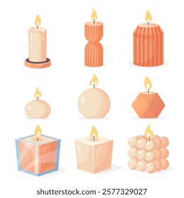 Set of burning decorative candles for home decor, holiday, birthday, Christmas designs. Vector illustration isolated on a white background in flat style.