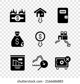 Set Burning dollar bill, Falling property prices, Prison cell door, Pie chart infographic, Global economic crisis, Safe, Money bag and Dollar rate decrease icon. Vector