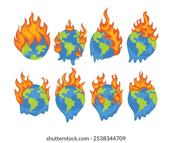 Conjunto de terra ardente na coleção de fogo, mudança climática ou aquecimento global ícone de desastre cartoon, jogo de globo ardente, crise de incêndios florestais, planeta ardente, altas temperaturas, mudanças climáticas e ondas de calor.