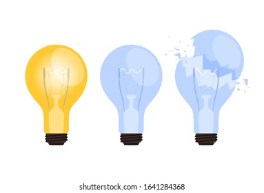 Set of burning, extinct and broken lightbulb. The concept of the appearance or absence of a business idea
