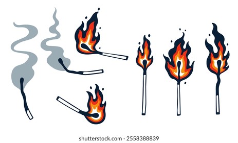 Set of burning and extinguished matches. Vector graphics.