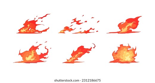 set of burning fire and explosion, fast move trace, splashes, and smoke effects for video games flat illustration