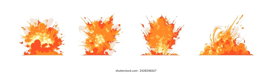 set of burning fire and explosion, fast move trace, splashes, and smoke comic game effect illustration