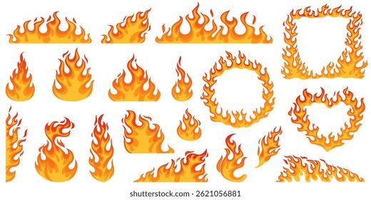 Set of burning fire, flame, blaze. Flame frame. Vector illustrations isolated on white background
