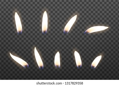 Set of burning fire flame, candle flame lights isolated on black background. 