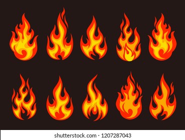 Set of burning fire flame and hot blazing bonfire,  vector illustration