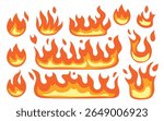 Set of burning fire or flame vector illustrations isolated on white background. Yellow burn power fiery silhouettes. Cartoon hot flaming blaze collection