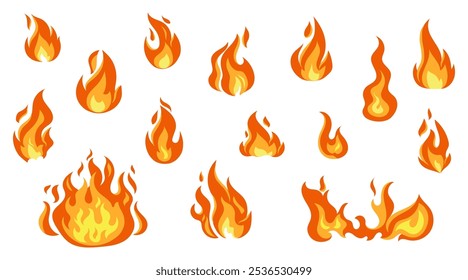 Set of burning fire or flame vector illustrations isolated on white background. Yellow burn power fiery silhouettes. Cartoon hot flaming blaze icon collection. Orange wildfire symbol