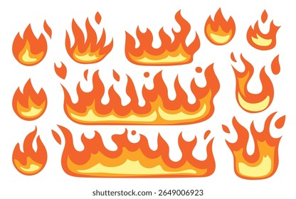 Conjunto de fogo em chamas ou ilustrações de vetor de chama isoladas no fundo branco. Silhuetas de fogo de energia de queimadura amarela. Cartoon quente flamejante coleção chama