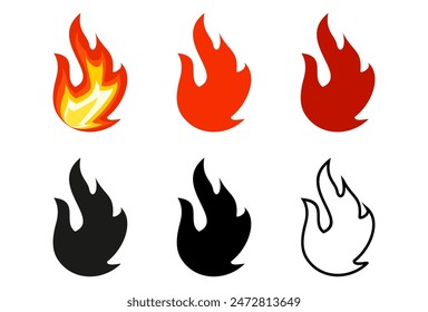 
conjunto de iconos de fuego ardiendo en estilo plano y contorno. ilustración de llama.