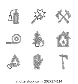 Set Burning forest tree, Firefighter gloves, axe, burning house, Hand holding fire, hose reel,  and extinguisher icon. Vector