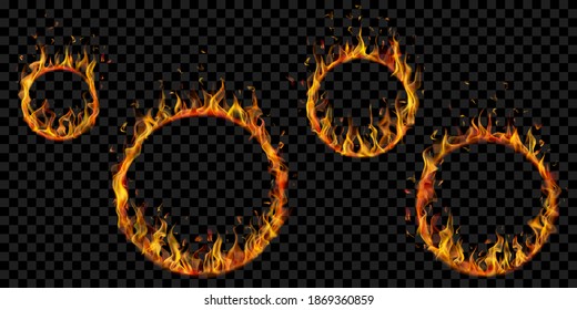 Set of burning hoops in different sizes with translucent fire flames on transparent background. For used on dark illustrations. Transparency only in vector format