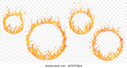 Set of burning hoops in different sizes with translucent fire flames on transparent background. For used on light illustrations. Transparency only in vector format