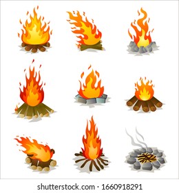 Set of burning hot campfire with tree wood and stones