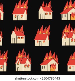 Set of Burning houses. Little buildings on fire. White house with red roof with flame. Loss of housing, disaster, insurance, damage concept. Hand drawn Vector illustration. Square seamless Pattern