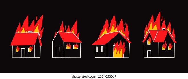 Set of Burning houses. Little buildings on fire. Black house with red roof with flame. Loss of housing, disaster, insurance, damage concept. Hand drawn Vector illustration. Isolated design elements