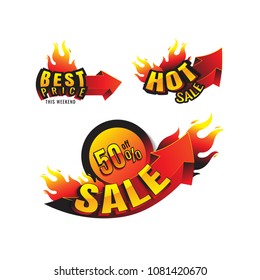 The set of burning labels discount 50% and tags for hot sale. banner. marketing. Business. on white background. vector