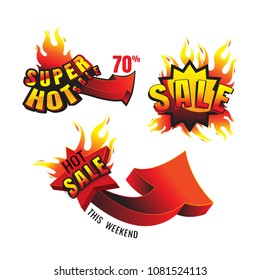 The set of burning labels discount 70% and tags for hot sale. banner. marketing. Business. on white background. vector