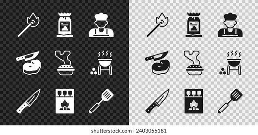 Set Burning match with fire, Barbecue coal bag, Cook, Meat chopper, Matchbox and matches, Spatula, Steak meat knife and Homemade pie icon. Vector