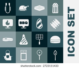 Set Fósforo en llamas con fuego, hamburguesa, costillas de barbacoa de cerdo a la parrilla, carne de bistec, barbacoa, llama de Locación, pinzas de carne e ícono. Vector
