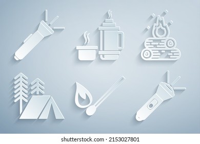 Arregle el fósforo de quema con fuego, fuego de fuego, carpa de turismo, linterna, contenedor de termos e icono. Vector