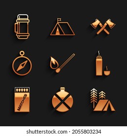 Set Burning match with fire, Canteen water bottle, Tourist tent, Thermos container, Open matchbox and matches, Compass, Crossed wooden axe and  icon. Vector