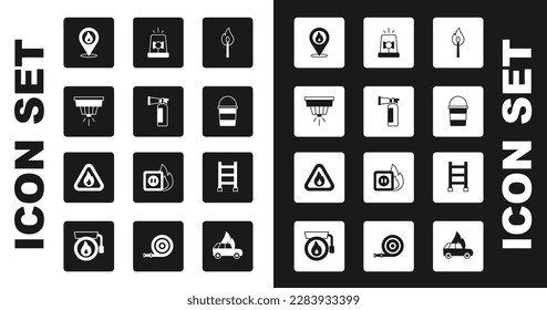 Set Burning match with fire, Fire extinguisher, Smoke alarm system, Location flame, bucket, Flasher siren, escape and triangle icon. Vector