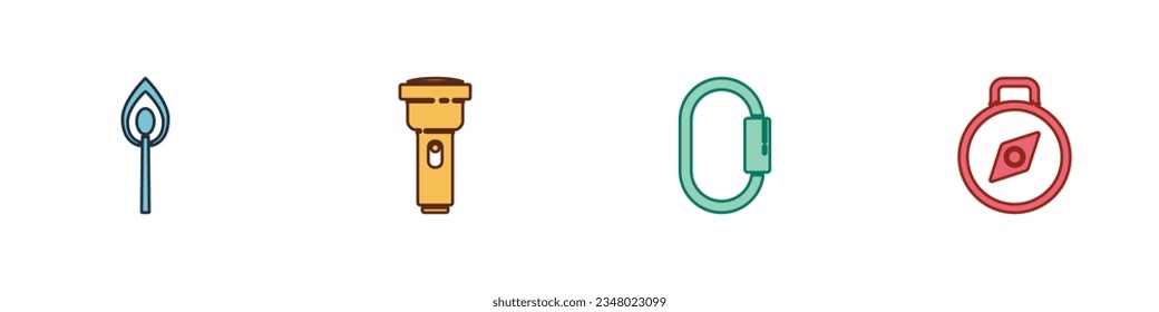 Set Burning match with fire, Flashlight, Carabiner and Compass icon. Vector