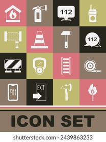 Set Burning match with fire, Fire hose reel, Emergency call, Traffic cone, burning house and Hammer icon. Vector