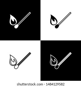 Set Burning match with fire icon isolated on black and white background. Match with fire. Matches sign.  Vector Illustration