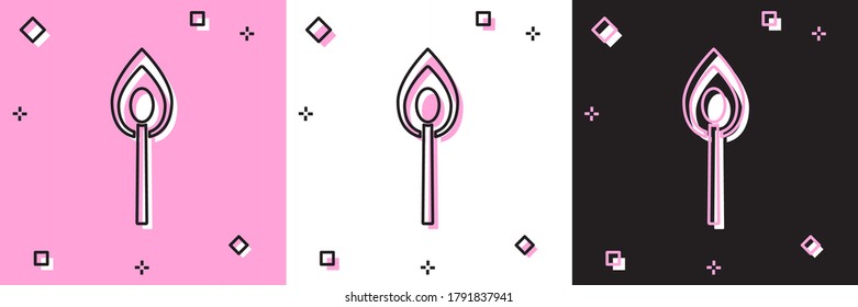 Set Burning match with fire icon isolated on pink and white, black background. Match with fire. Matches sign.  Vector Illustration