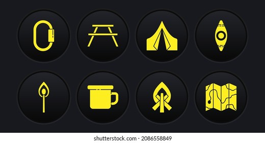 Set Burning match with fire, Kayak or canoe, Camping metal mug, Campfire, Tourist tent, Picnic table benches, Location of the forest on map and Carabiner icon. Vector