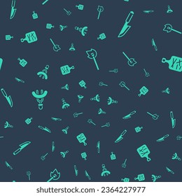 Set Burning match with fire, Knife, Sausage on the fork and Cutting board on seamless pattern. Vector
