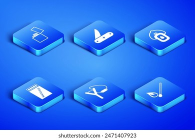 Set Burning match with fire, Lighter, Slingshot, Open matchbox and matches, Swiss army knife and Canteen water bottle icon. Vector