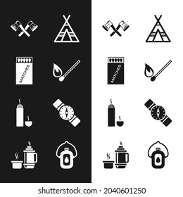 Set Burning match with fire, Open matchbox and matches, Crossed wooden axe, Tourist tent, Thermos container, Compass, Canteen water bottle and  icon. Vector