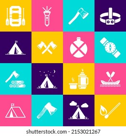 Set Burning match with fire, Rafting boat, Compass, Wooden axe, Crossed wooden, Tourist tent flag,  and Canteen water bottle icon. Vector