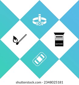 Set Burning match with fire, Rafting boat, Head flashlight and Open matchbox and matches icon. Vector