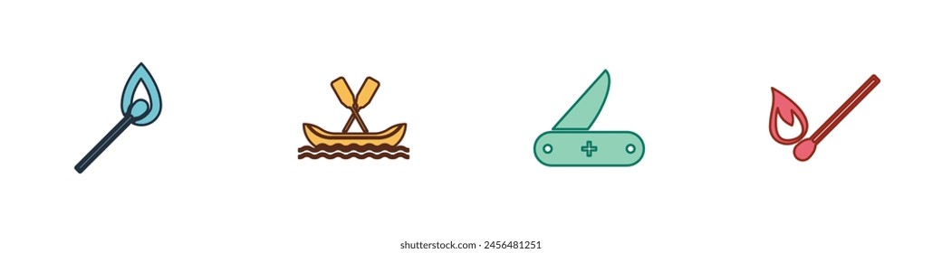 Set Burning match with fire, Rafting boat, Swiss army knife and  icon. Vector