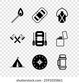 Set Burning match with fire, Rafting boat, Canteen water bottle, Tourist tent flag, Compass, Thermos container, Crossed wooden axe and  icon. Vector