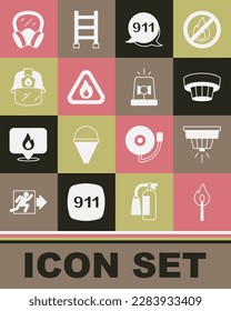 Set Burning match with fire, Smoke alarm system, Emergency call 911, Fire flame triangle, Firefighter helmet, Gas mask and Flasher siren icon. Vector
