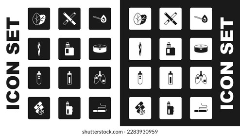 Set Burning match with fire, Vape mod device, Marijuana joint, spliff, Tobacco leaf, Ashtray, Cigarette, Disease lungs and Electronic cigarette icon. Vector